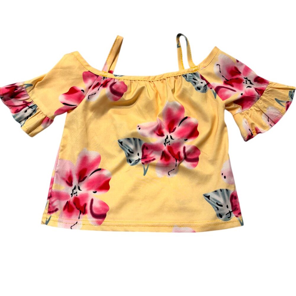 Hawaiian girl's yellow pink floral peekaboo bell sleeve blouse sz EU 100 US 3T